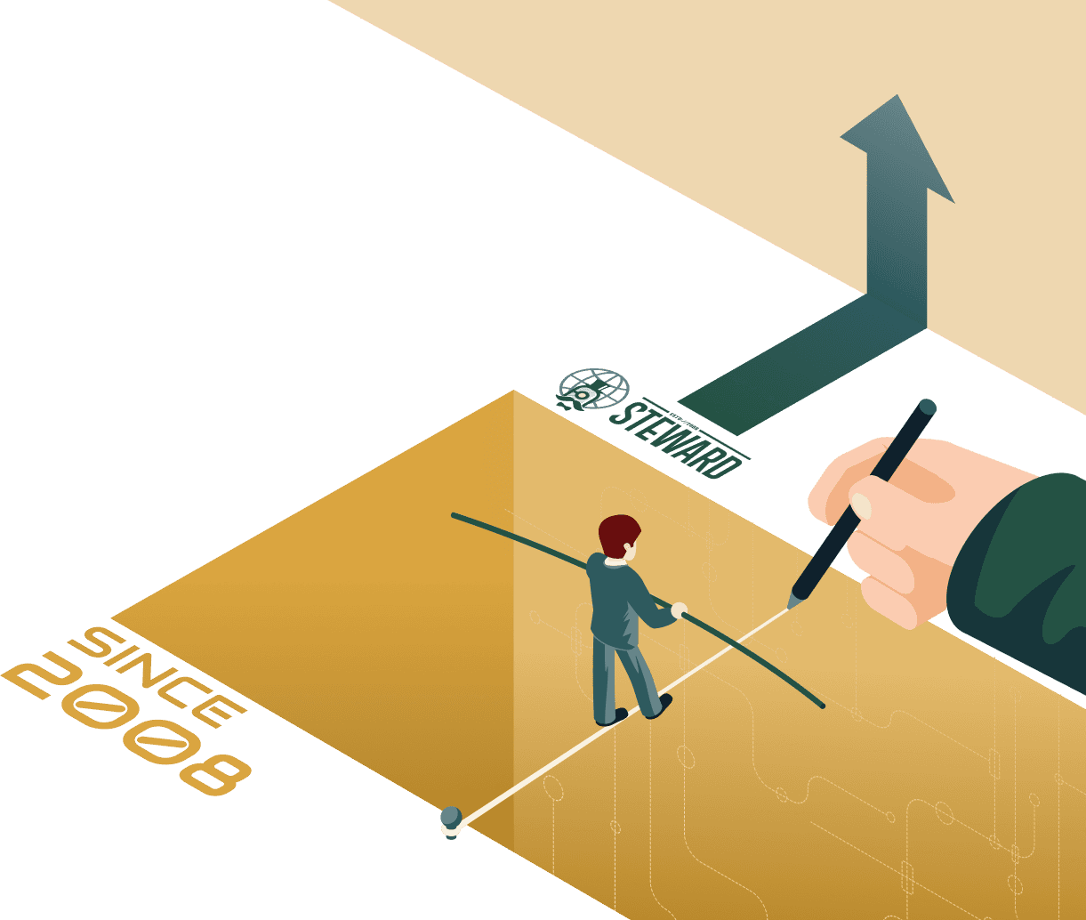 Steward illustration showing a team navigating a technical challenge